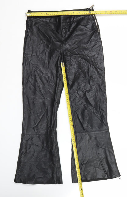 Bershka Women’s Black Faux Leather Flared Zip Trousers Size 6