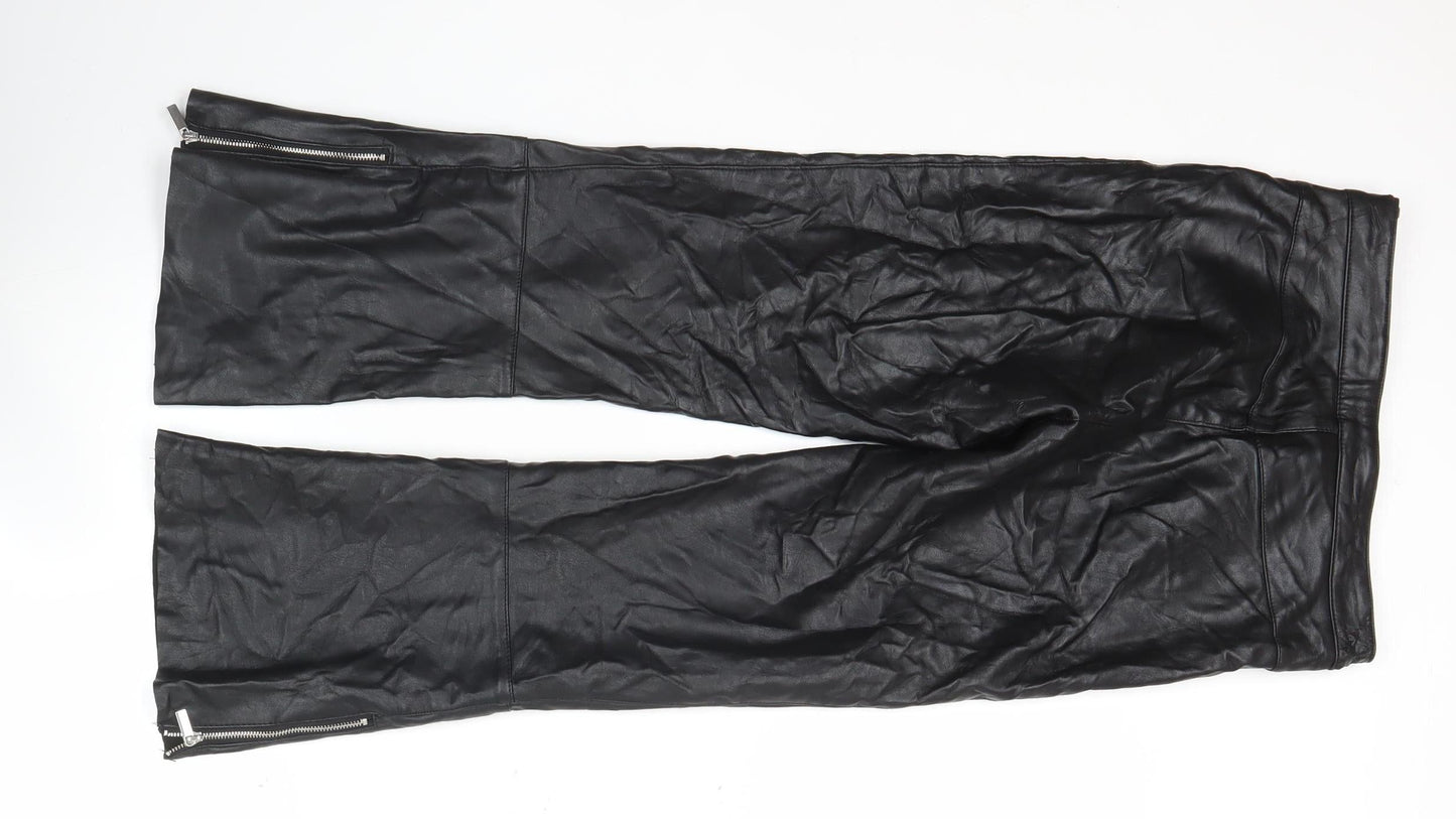 Bershka Women’s Black Faux Leather Flared Zip Trousers Size 6