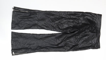 Bershka Women’s Black Faux Leather Flared Zip Trousers Size 6