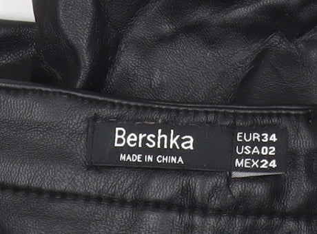 Bershka Women’s Black Faux Leather Flared Zip Trousers Size 6