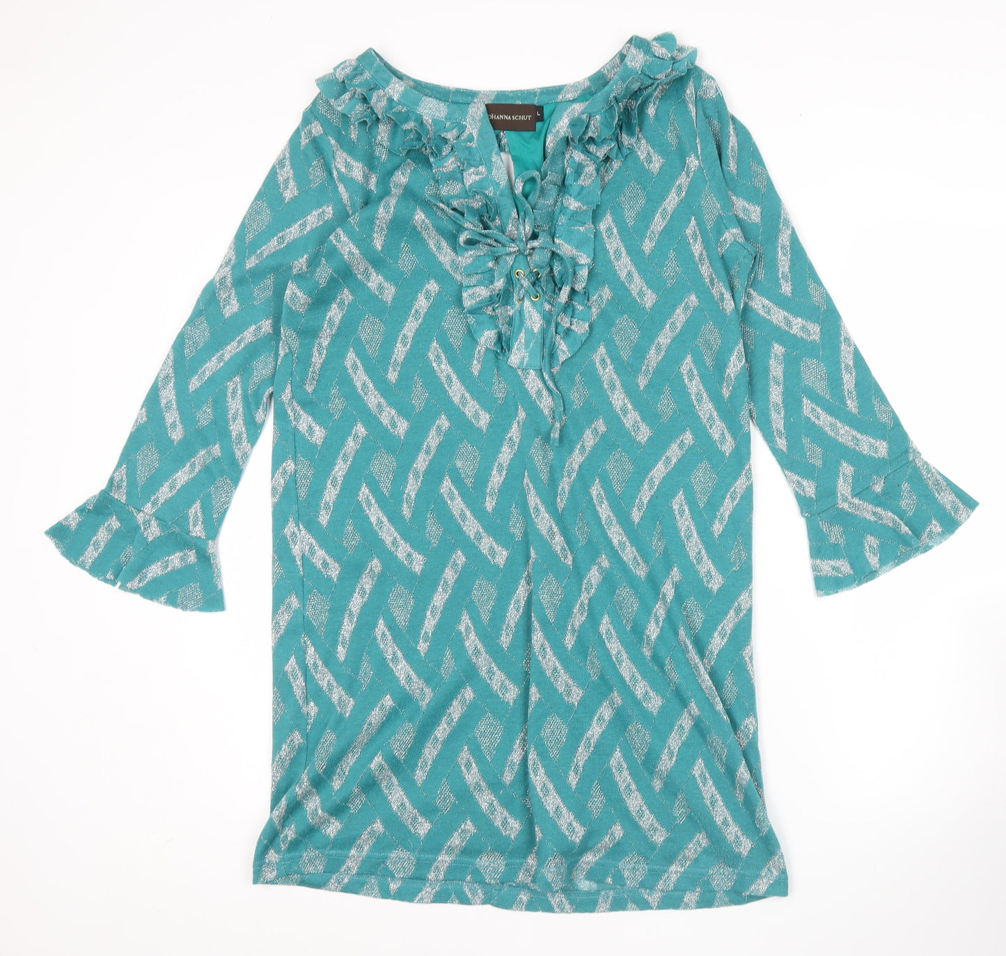 Johanna Schut Women’s Green Shift Dress L 3/4 Sleeve Ruffle V-Neck