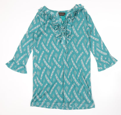Johanna Schut Women’s Green Shift Dress L 3/4 Sleeve Ruffle V-Neck