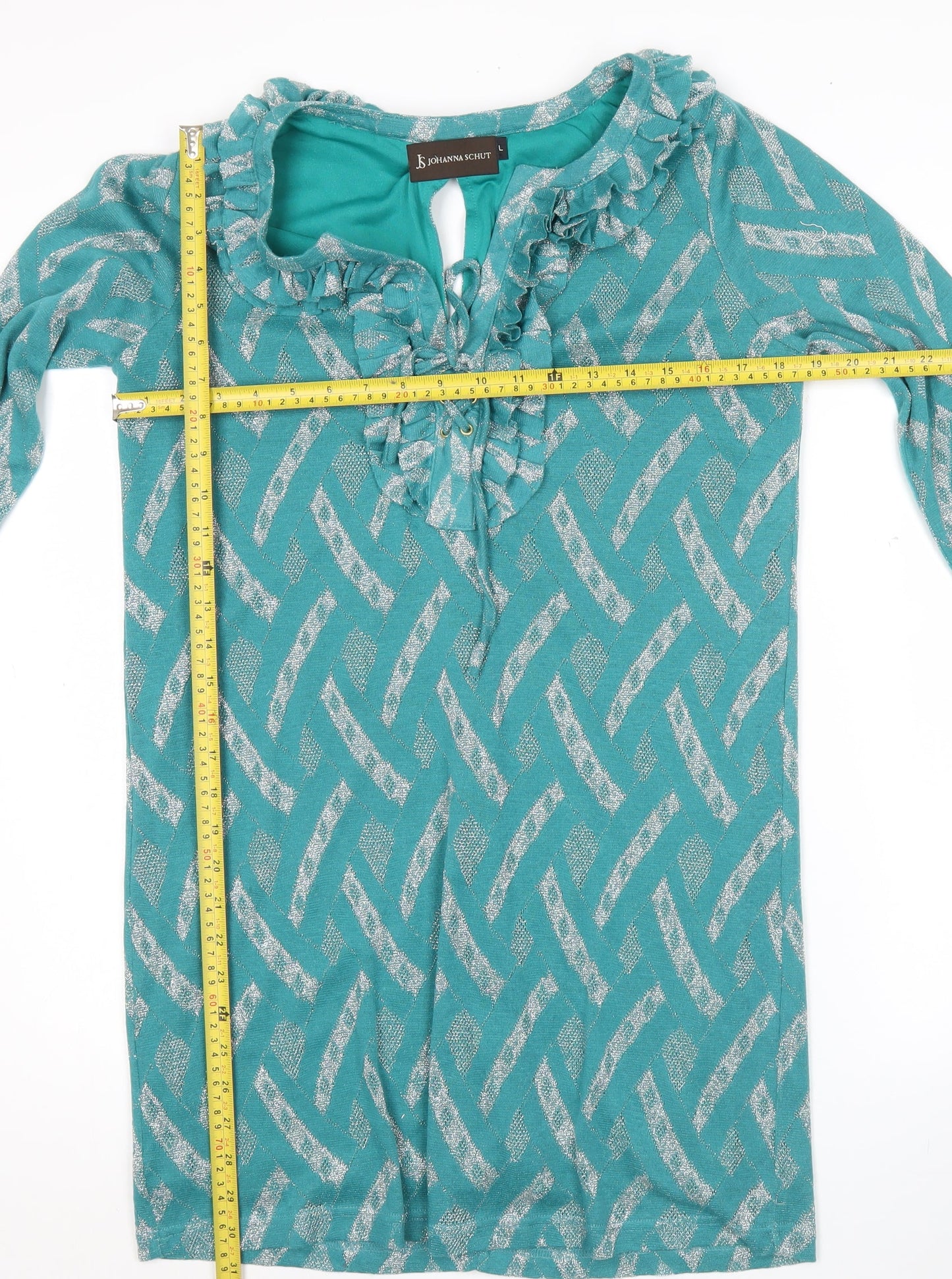 Johanna Schut Women’s Green Shift Dress L 3/4 Sleeve Ruffle V-Neck