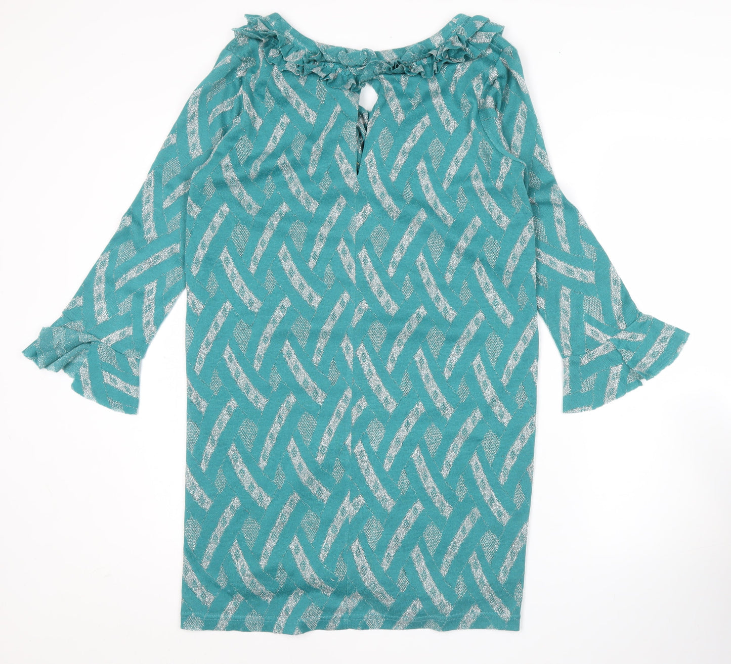 Johanna Schut Women’s Green Shift Dress L 3/4 Sleeve Ruffle V-Neck