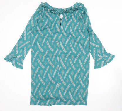 Johanna Schut Women’s Green Shift Dress L 3/4 Sleeve Ruffle V-Neck