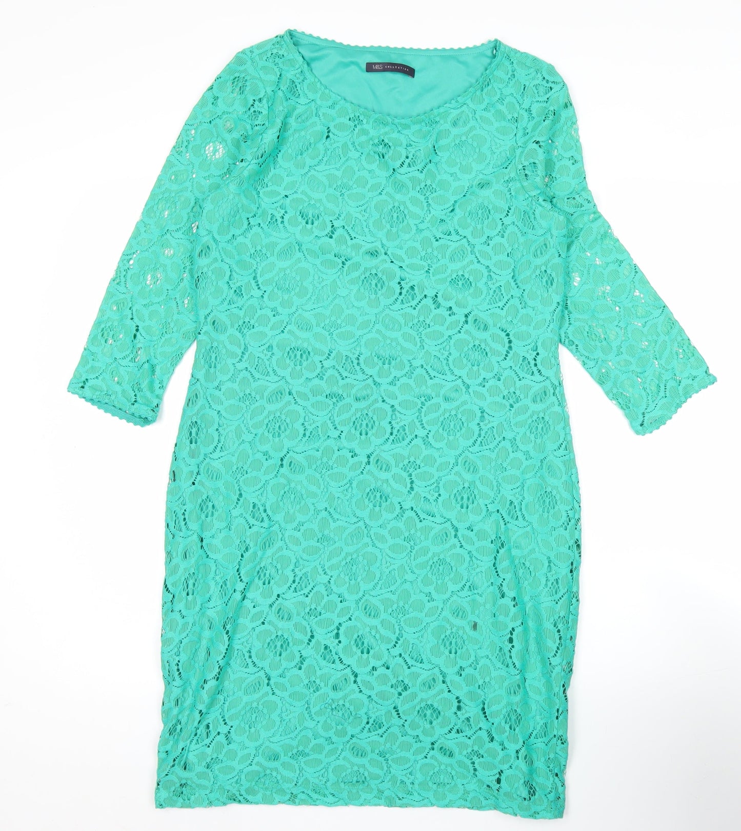 Marks and Spencer Womens Green Lace Sheath Dress UK 12 Short 3/4 Sleeve