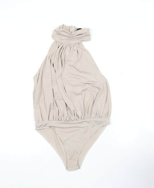 AX Paris Women’s Beige High Neck Halter Bodysuit Blouse Size 8