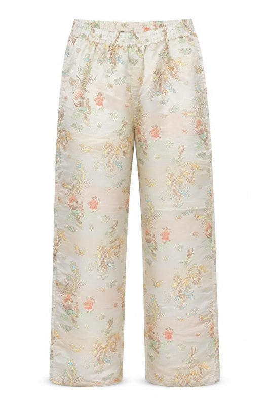 Front view of ASOS Women’s Beige Satin Paisley Straight Trousers, size UK 8