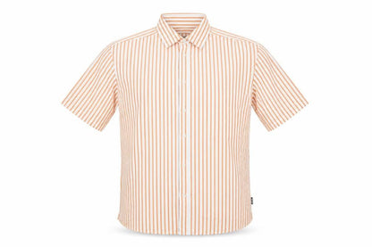Front view of Only & Sons men’s white orange stripe short sleeve regular fit shirt l