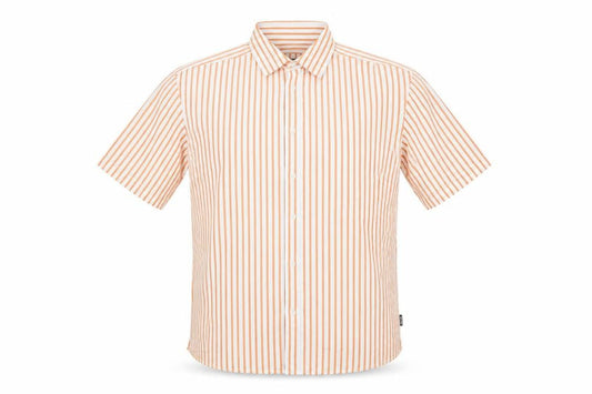 Front view of Only & Sons men’s white orange stripe short sleeve regular fit shirt l