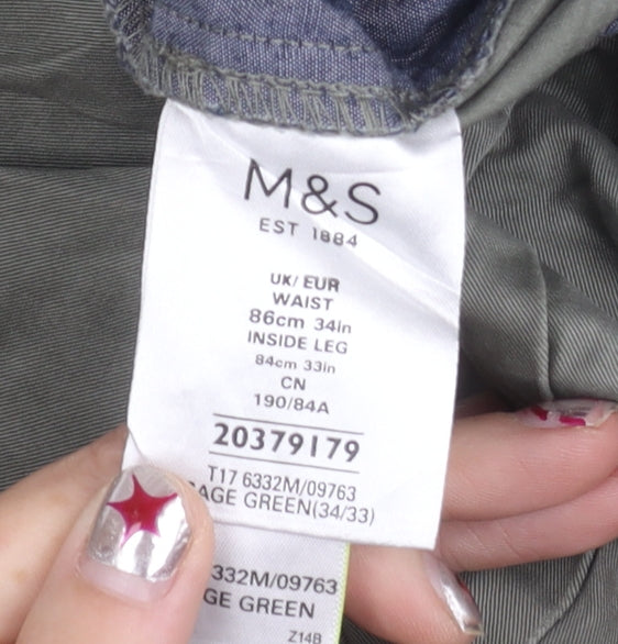 Marks and Spencer Men's Green 34W 33L Regular Fit Cotton Chino Trousers