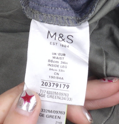 Marks and Spencer Men's Green 34W 33L Regular Fit Cotton Chino Trousers