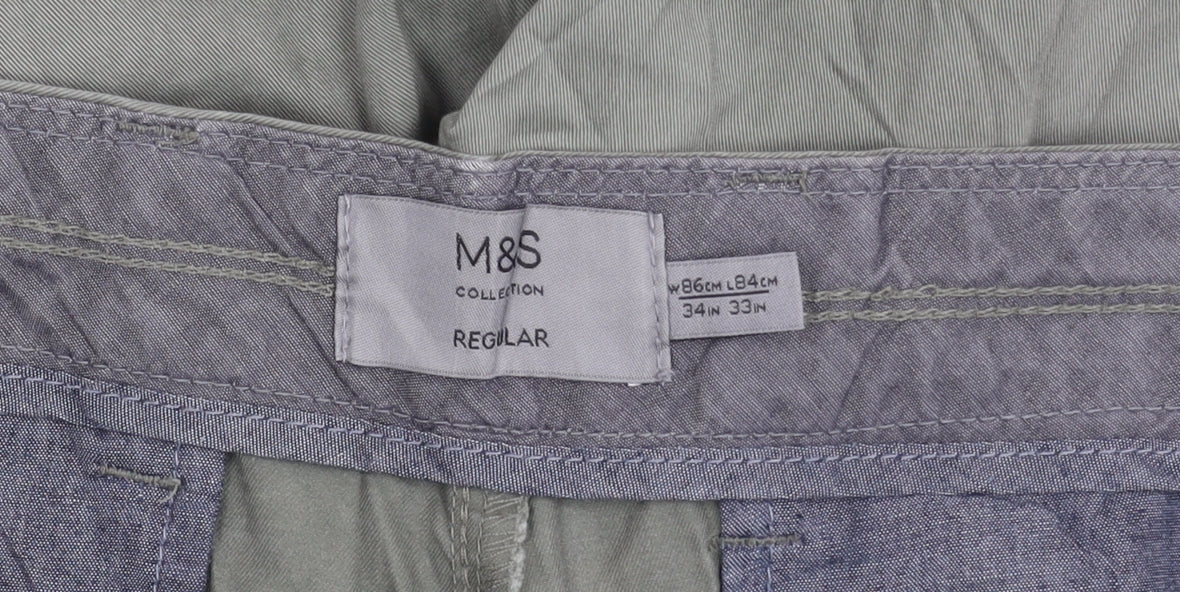 Marks and Spencer Men's Green 34W 33L Regular Fit Cotton Chino Trousers