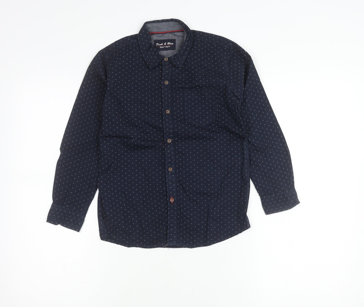 Pink & Blue Boys Navy Polka Dot Long Sleeve Cotton Button-Up Shirt 7-8 Years