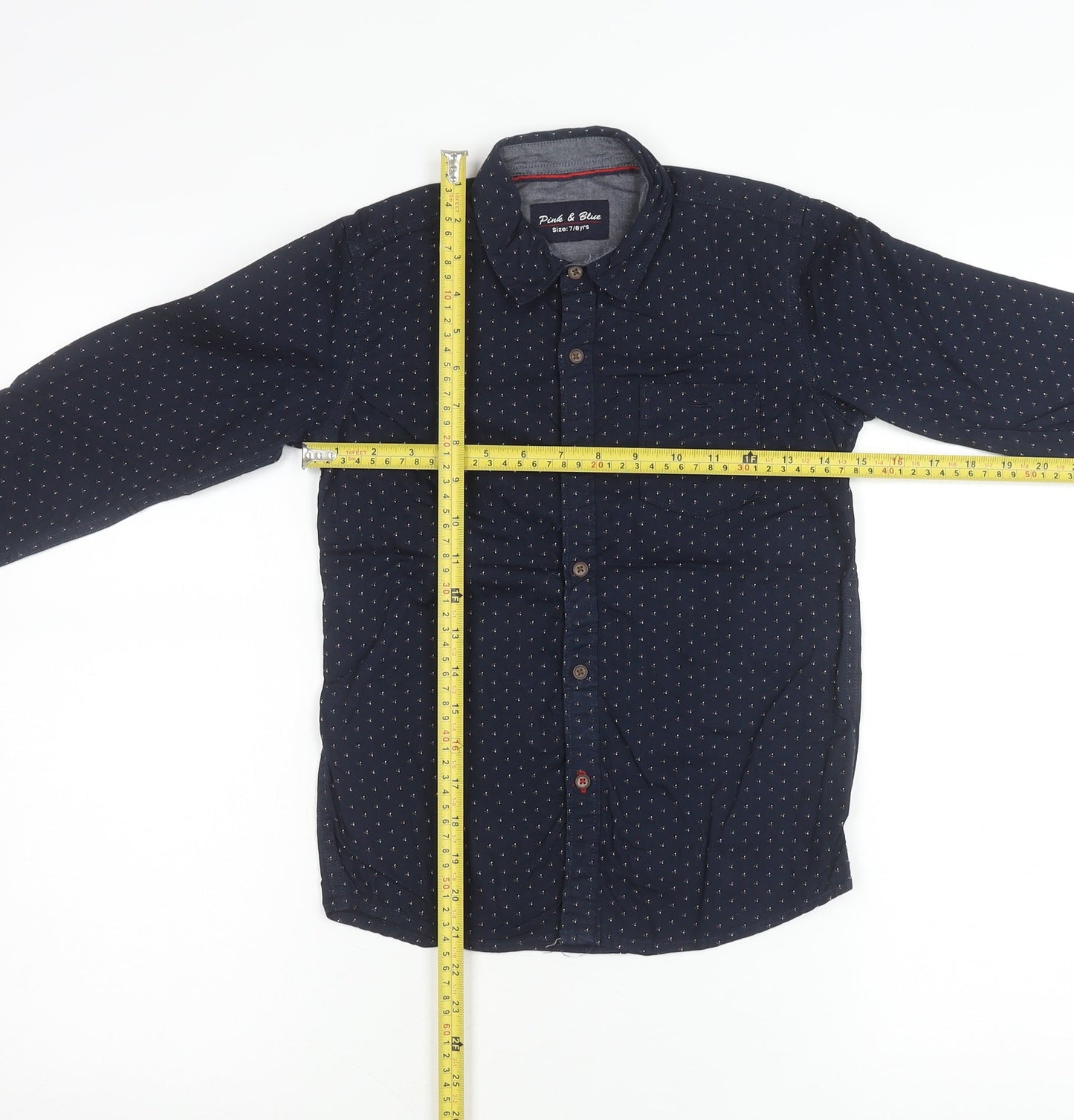 Pink & Blue Boys Navy Polka Dot Long Sleeve Cotton Button-Up Shirt 7-8 Years