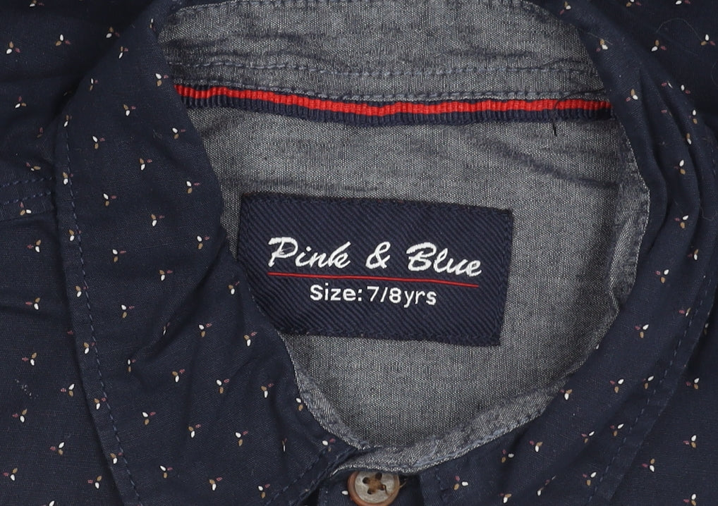 Pink & Blue Boys Navy Polka Dot Long Sleeve Cotton Button-Up Shirt 7-8 Years