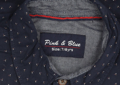Pink & Blue Boys Navy Polka Dot Long Sleeve Cotton Button-Up Shirt 7-8 Years