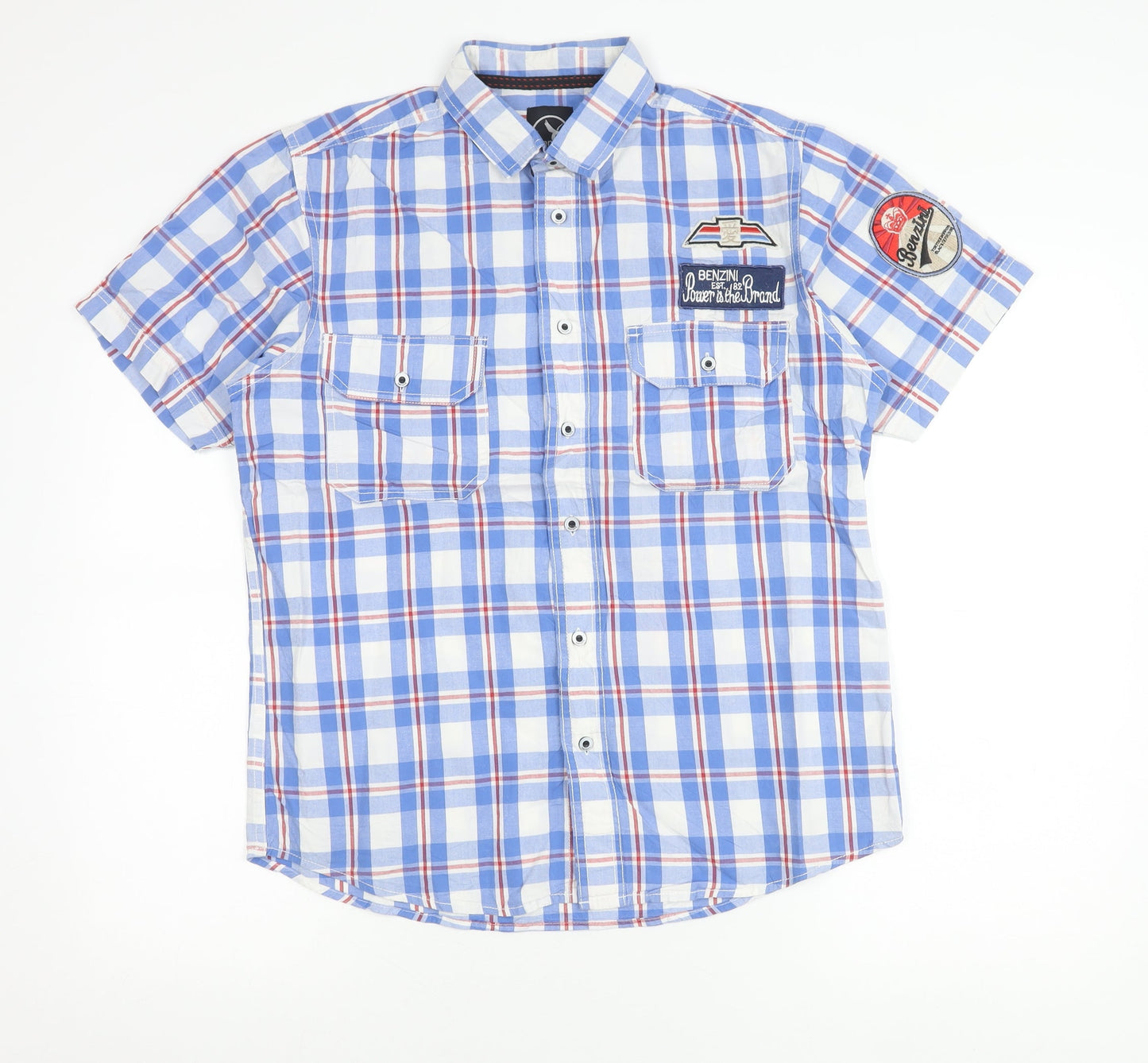 Benzini Mens Blue Check Short Sleeve Button-Up Shirt L Casual