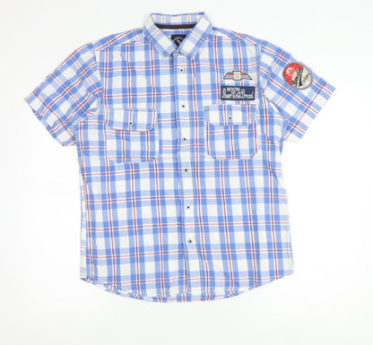 Benzini Mens Blue Check Short Sleeve Button-Up Shirt L Casual