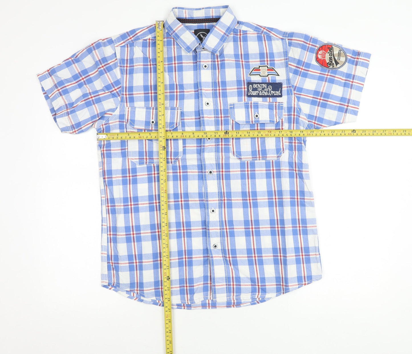 Benzini Mens Blue Check Short Sleeve Button-Up Shirt L Casual