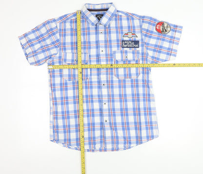 Benzini Mens Blue Check Short Sleeve Button-Up Shirt L Casual
