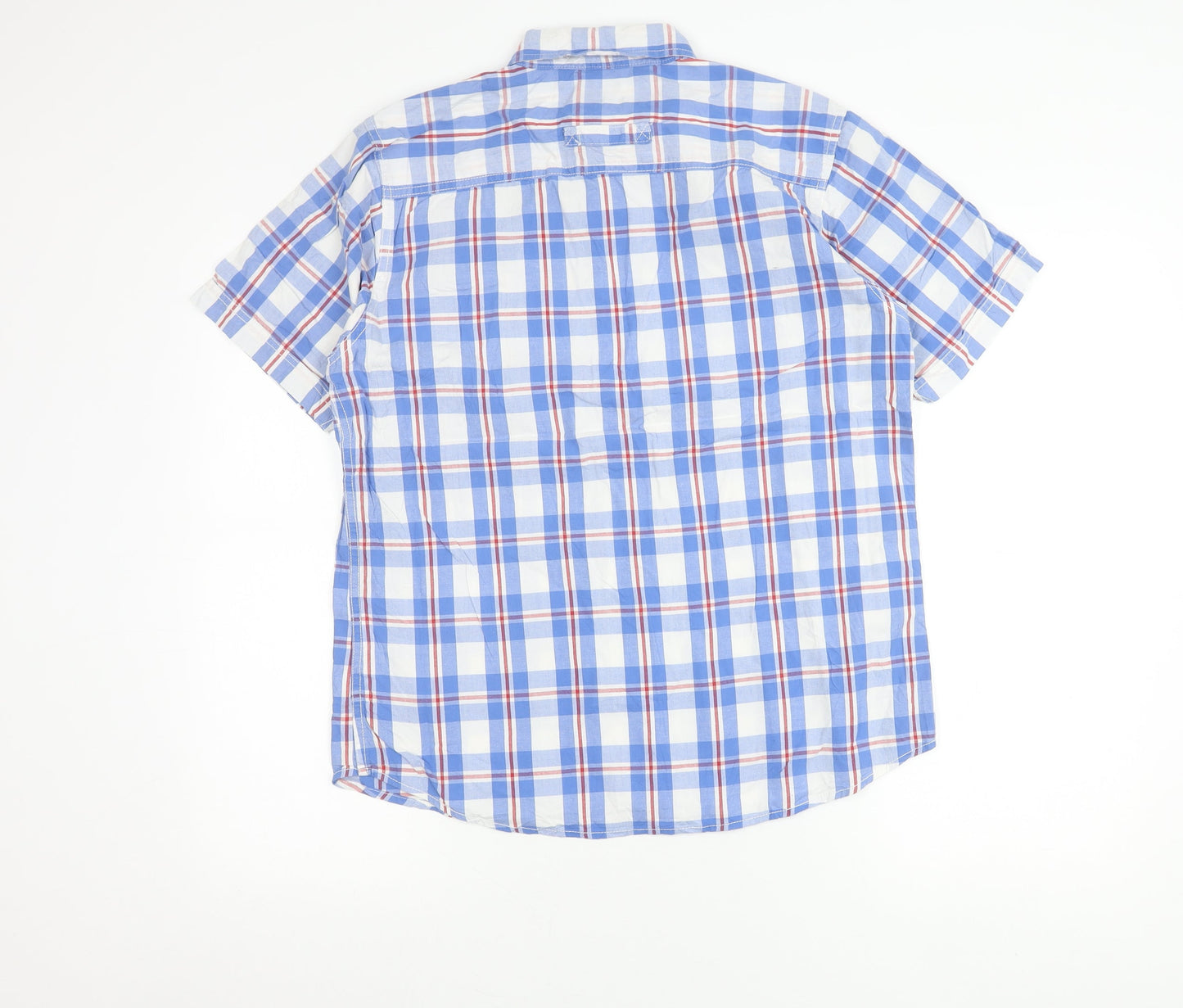 Benzini Mens Blue Check Short Sleeve Button-Up Shirt L Casual