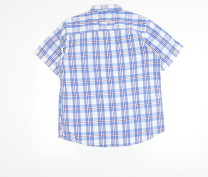 Benzini Mens Blue Check Short Sleeve Button-Up Shirt L Casual