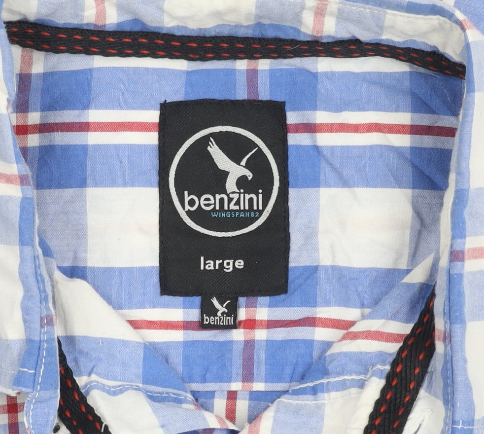 Benzini Mens Blue Check Short Sleeve Button-Up Shirt L Casual