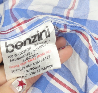 Benzini Mens Blue Check Short Sleeve Button-Up Shirt L Casual