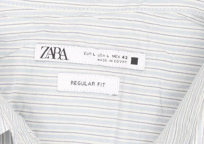 Zara Men Blue Striped Regular Fit Cotton Long Sleeve Shirt L 42