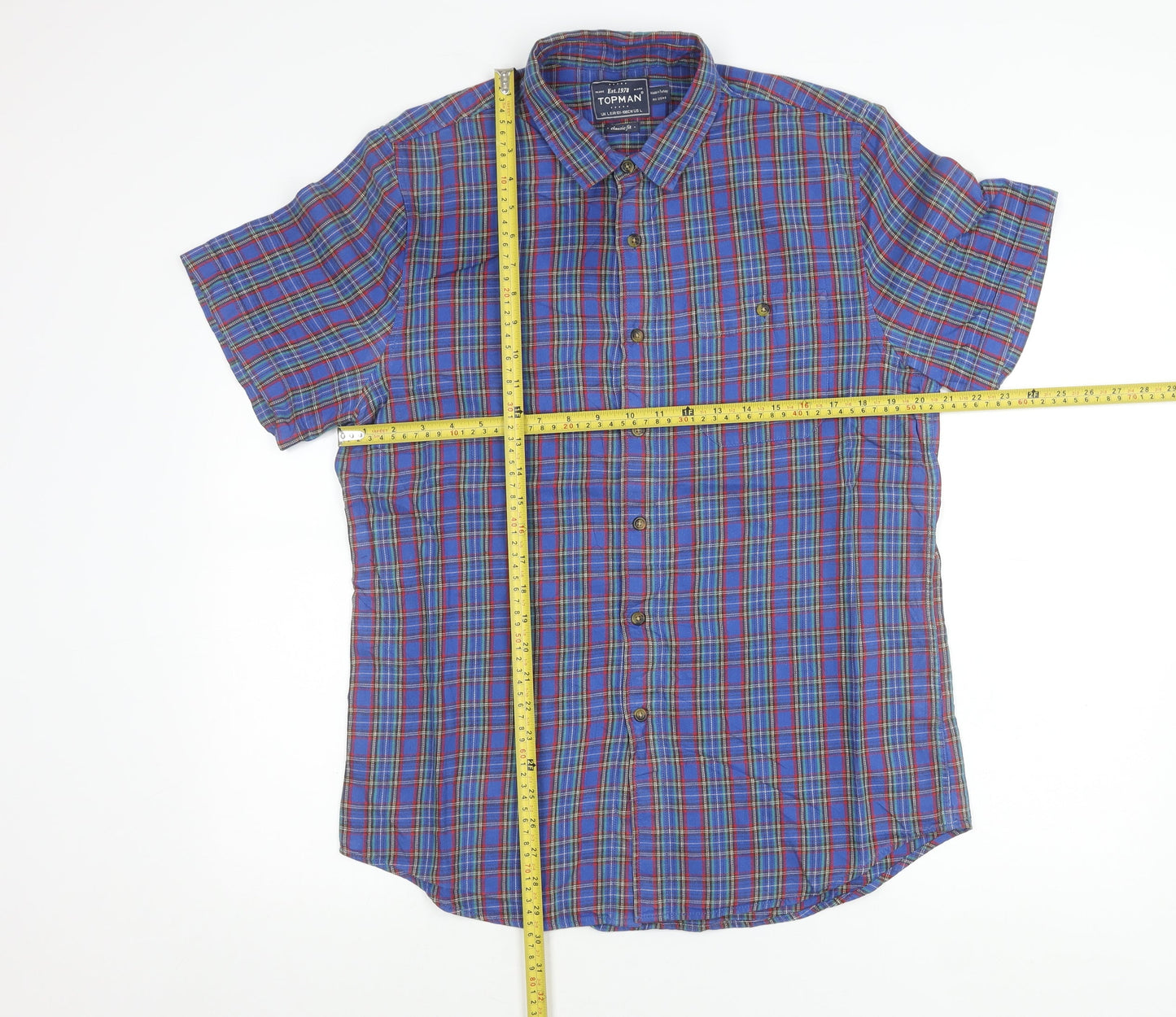 Topman Men’s Blue Check Cotton Button-Up Shirt L Classic Fit