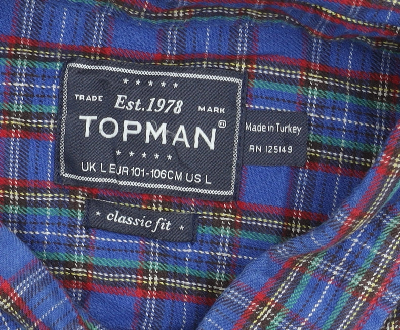 Topman Men’s Blue Check Cotton Button-Up Shirt L Classic Fit