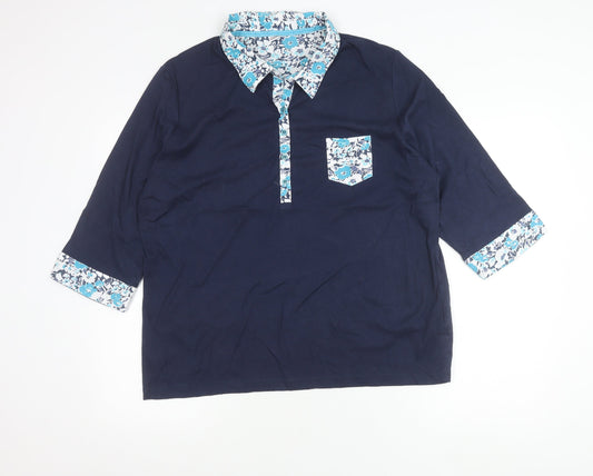 Damart Womens Plus Size 26/28 Blue Floral Collar 3/4 Sleeve Polo Shirt