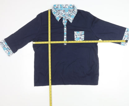 Damart Womens Plus Size 26/28 Blue Floral Collar 3/4 Sleeve Polo Shirt