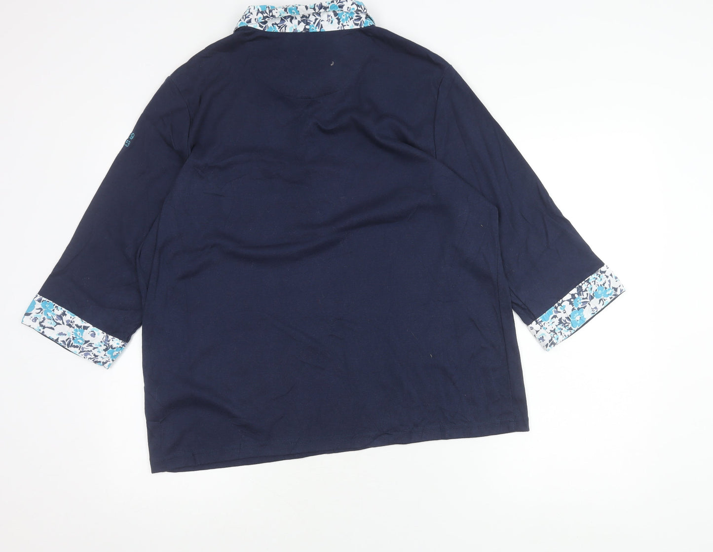 Damart Womens Plus Size 26/28 Blue Floral Collar 3/4 Sleeve Polo Shirt