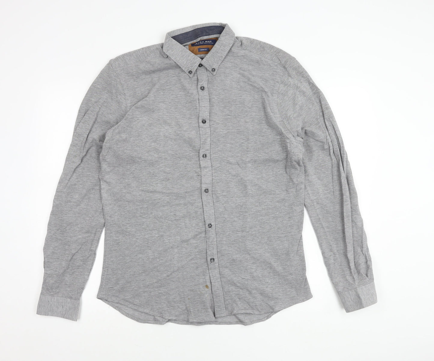 Zara Man Mens Grey Slim Fit Long Sleeve Polo Shirt Size L Cotton