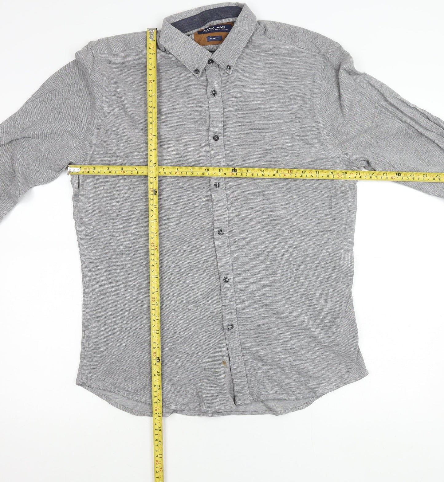 Zara Man Mens Grey Slim Fit Long Sleeve Polo Shirt Size L Cotton