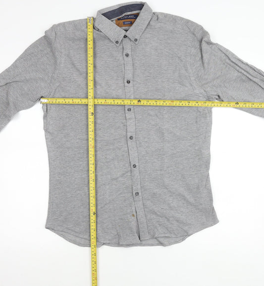 Zara Man Mens Grey Slim Fit Long Sleeve Polo Shirt Size L Cotton