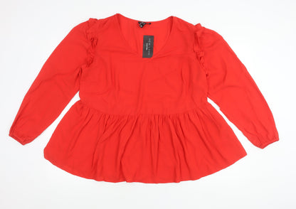 New Look Women Red Blouse Size 18 Curve Ruffle V-Neck Long Sleeve