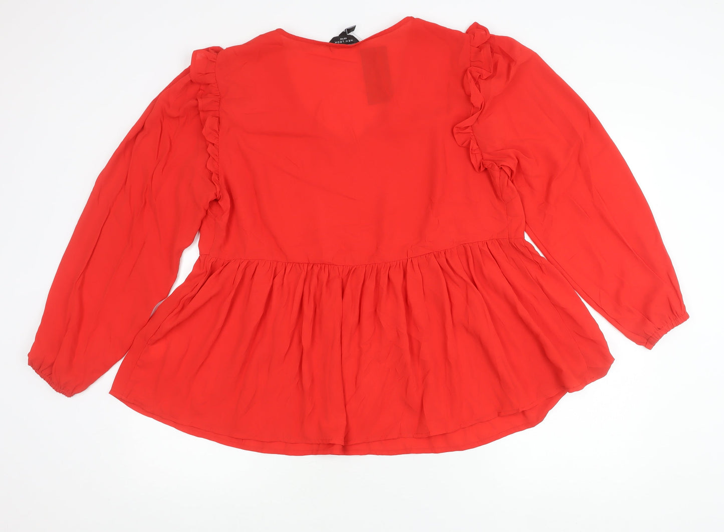 New Look Women Red Blouse Size 18 Curve Ruffle V-Neck Long Sleeve