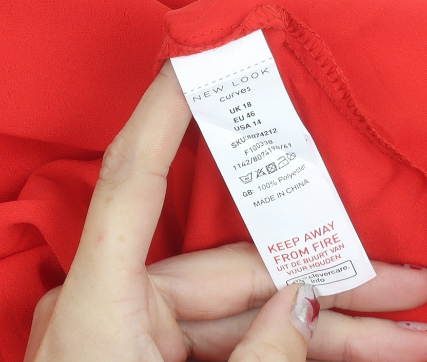 New Look Women Red Blouse Size 18 Curve Ruffle V-Neck Long Sleeve