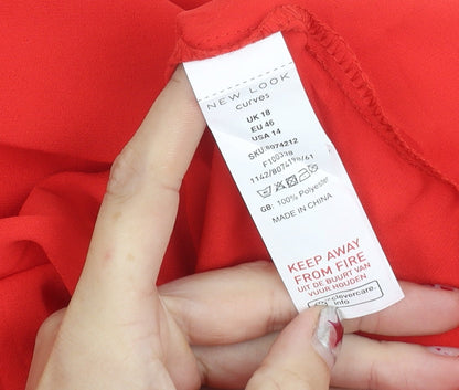 New Look Women Red Blouse Size 18 Curve Ruffle V-Neck Long Sleeve