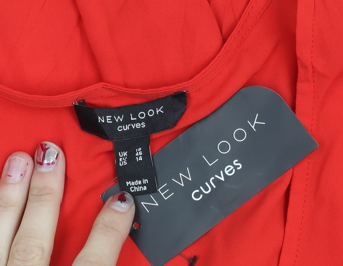 New Look Women Red Blouse Size 18 Curve Ruffle V-Neck Long Sleeve