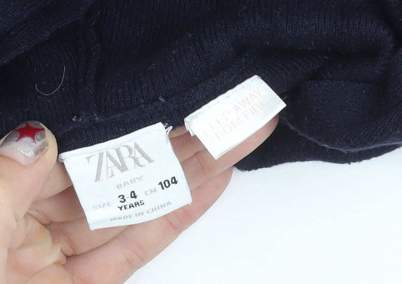 Zara Girls Blue Knit Pullover Hoodie 3-4 Years Long Sleeve
