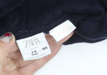 Zara Girls Blue Knit Pullover Hoodie 3-4 Years Long Sleeve
