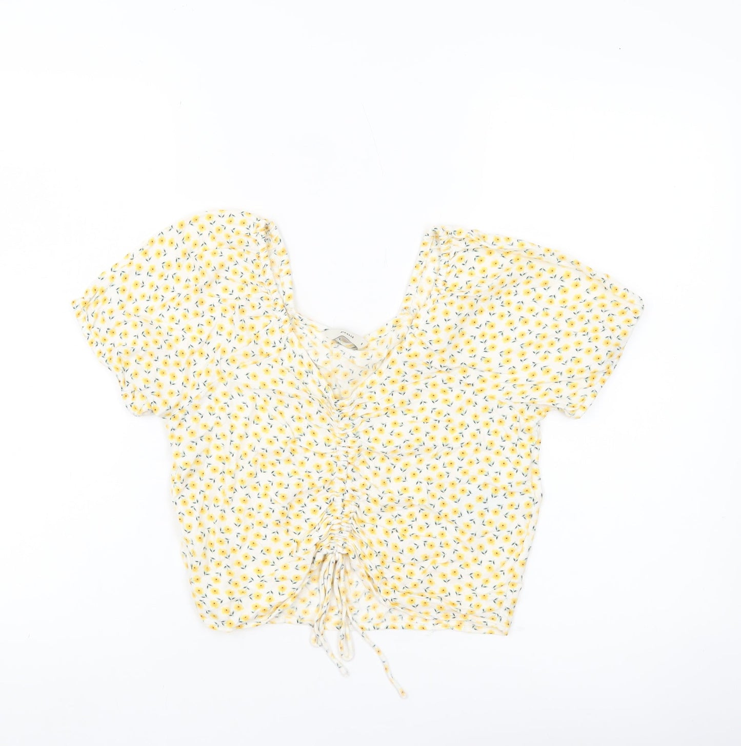 Pigalle Women’s Yellow Floral Cropped Blouse Top Size S Viscose Summer