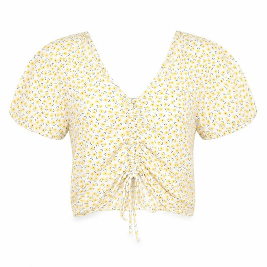 Pigalle Women’s Yellow Floral Cropped Blouse Top Size S Viscose Summer