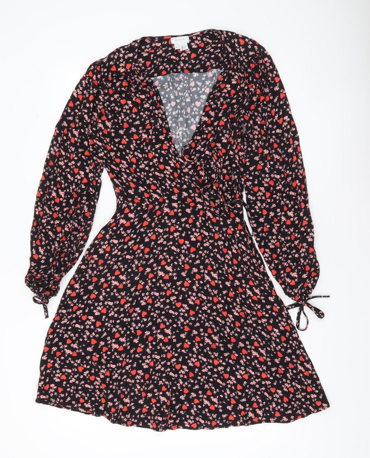 Ghost Women’s Black Floral Print XS Wrap Dress Long Sleeve Viscose