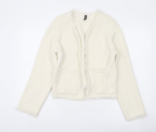 H&M Divided Women’s Ivory Cardigan Size 8 Open Knit Fringe Pockets