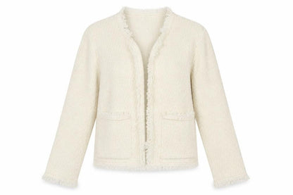 H&M Divided Women’s Ivory Cardigan Size 8 Open Knit Fringe Pockets